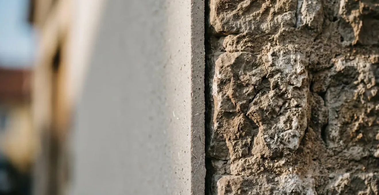 Detalle de muro antiguo con capa de aislamiento delgado que preserva el espacio interior