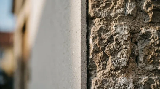 Detalle de muro antiguo con capa de aislamiento delgado que preserva el espacio interior