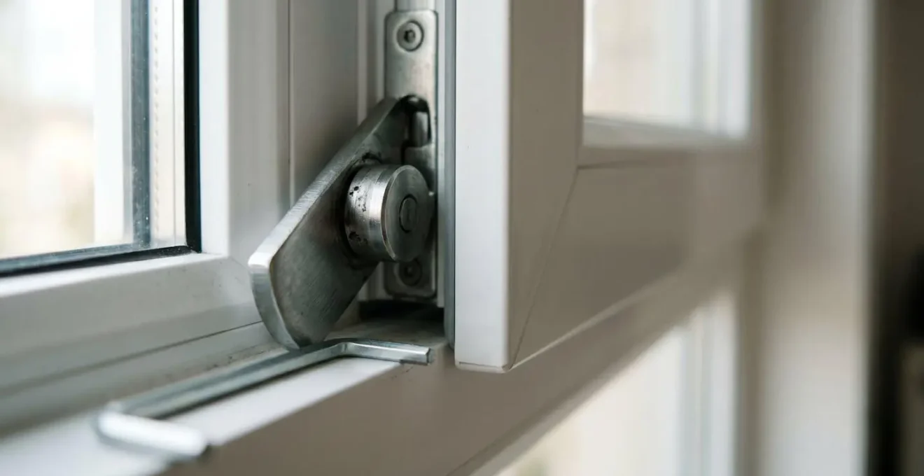 Primer plano de herrajes de ventana oscilobatiente con herramientas de ajuste