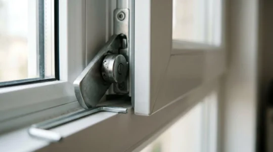 Primer plano de herrajes de ventana oscilobatiente con herramientas de ajuste
