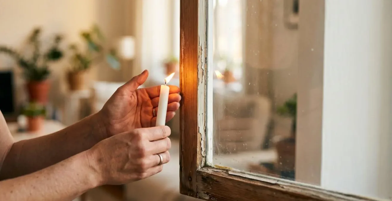 Persona realizando auditoría energética casera con termómetro cerca de ventana detectando fugas de calor