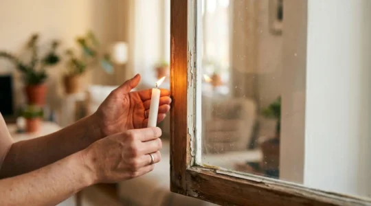 Persona realizando auditoría energética casera con termómetro cerca de ventana detectando fugas de calor