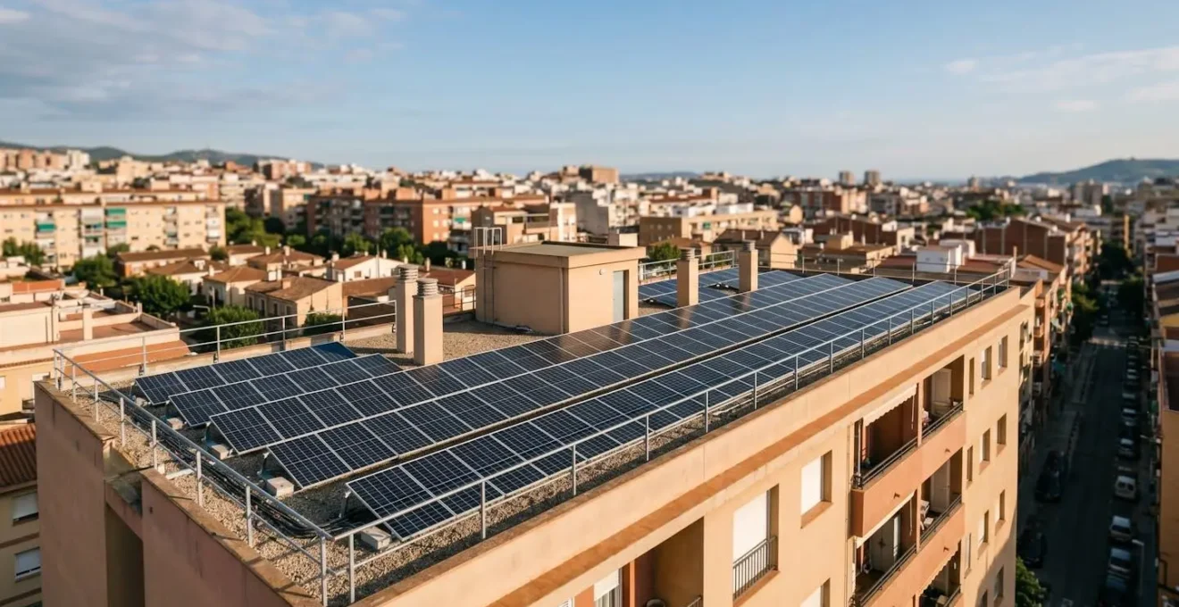 Instalación fotovoltaica de autoconsumo colectivo con paneles solares en la azotea de un edificio residencial urbano