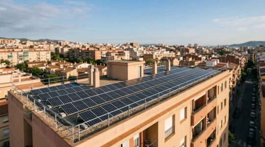 Instalación fotovoltaica de autoconsumo colectivo con paneles solares en la azotea de un edificio residencial urbano