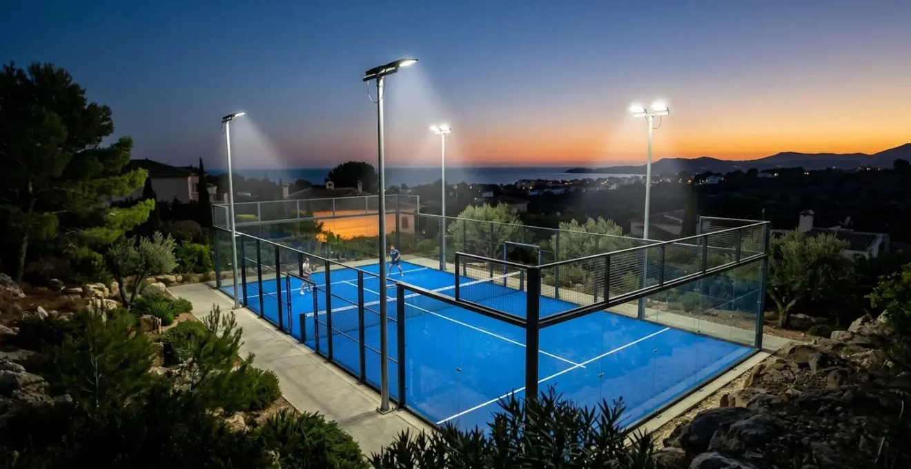 Iluminación profesional LED para pista de pádel al atardecer con proyectores estratégicamente montados