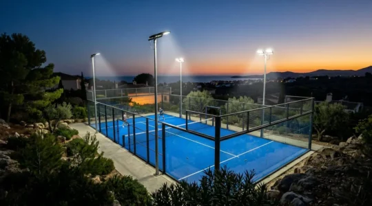 Iluminación profesional LED para pista de pádel al atardecer con proyectores estratégicamente montados