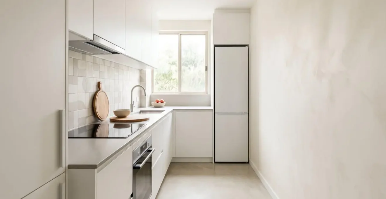 Cocina lineal estrecha de 2 metros con diseño ergonómico y triángulo de trabajo optimizado