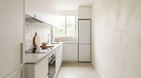 Cocina lineal estrecha de 2 metros con diseño ergonómico y triángulo de trabajo optimizado