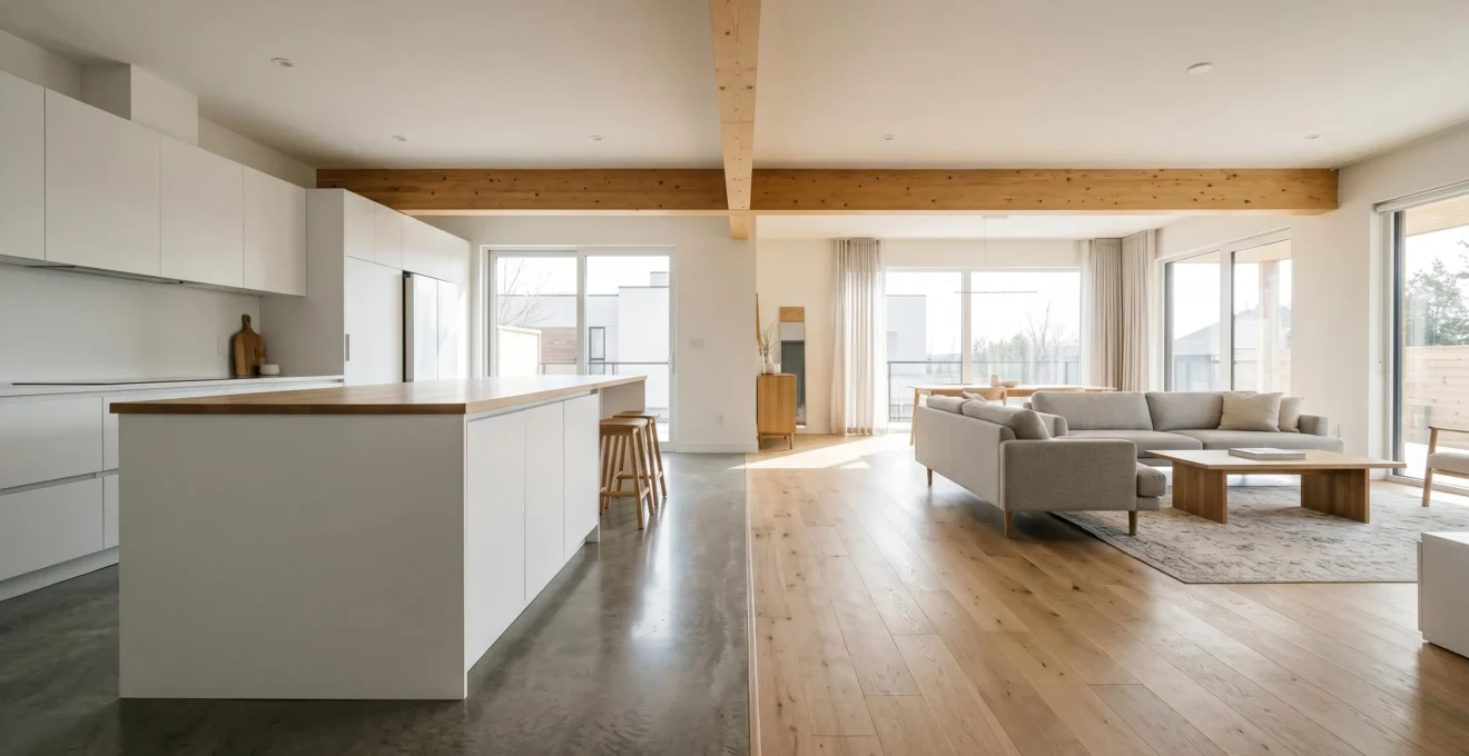 Espacio moderno integrando cocina y salón con diseño legal y funcional