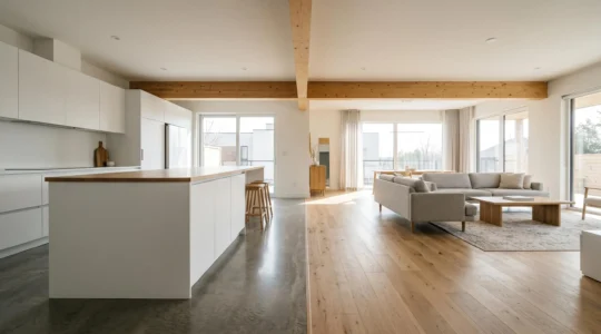 Espacio moderno integrando cocina y salón con diseño legal y funcional
