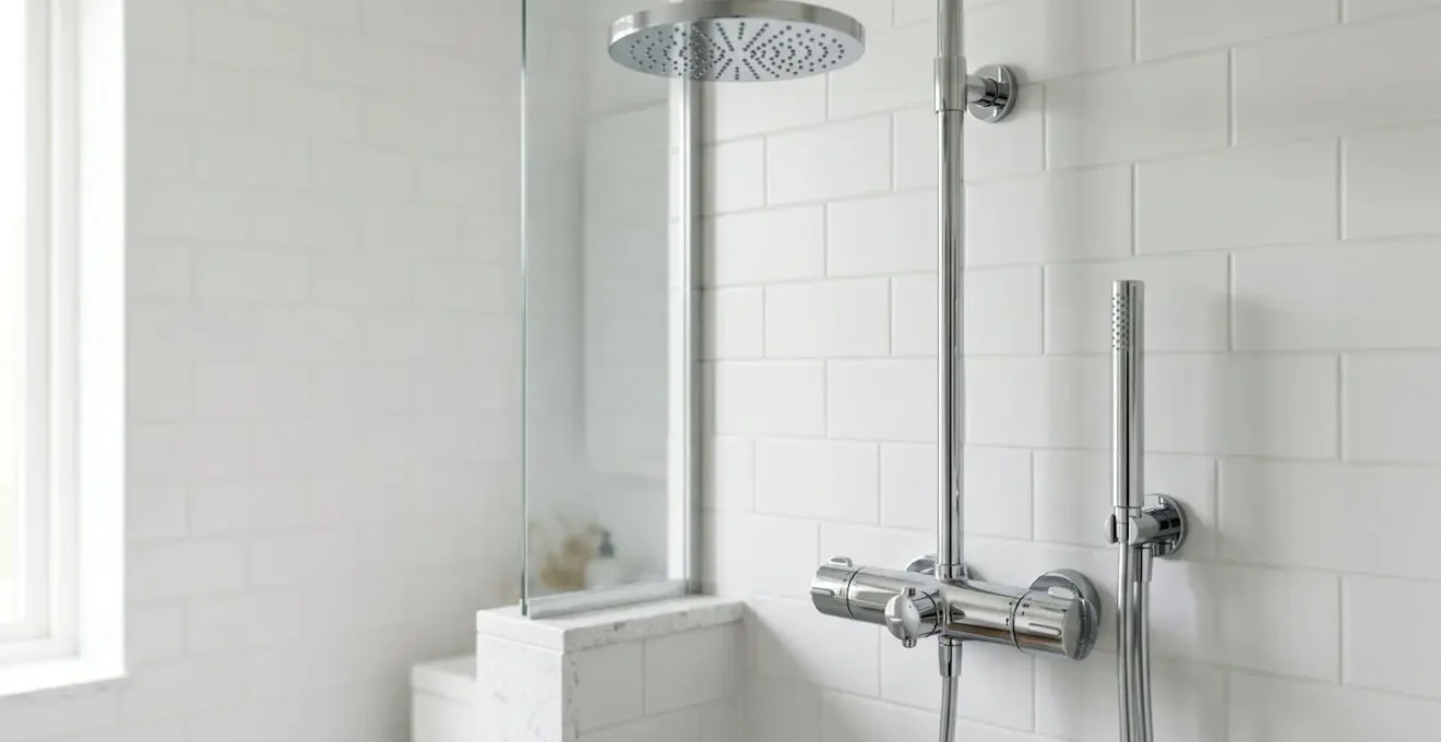 Columna de ducha termostática de acero cromado con rociador efecto lluvia y mandos de temperatura en un baño contemporáneo con luz natural