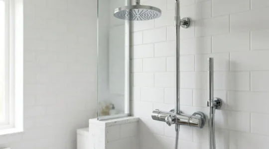 Columna de ducha termostática de acero cromado con rociador efecto lluvia y mandos de temperatura en un baño contemporáneo con luz natural