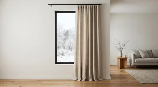 Cortina térmica blanca instalada en ventana grande durante invierno con luz natural suave