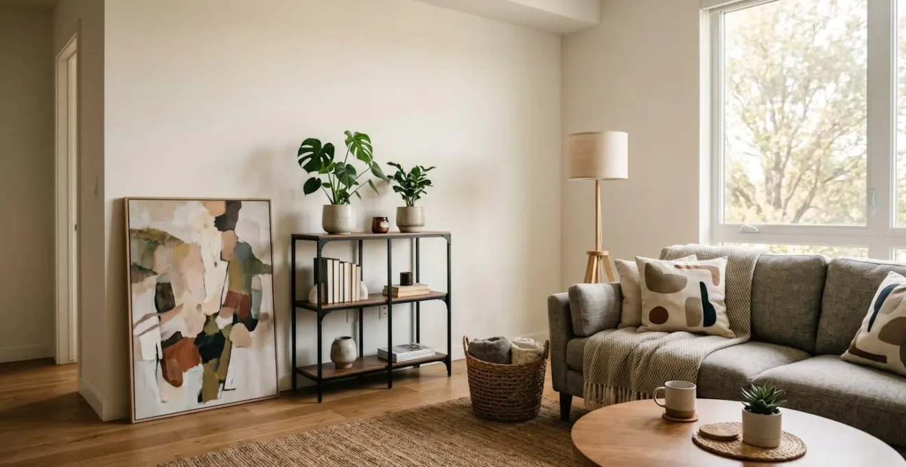 Interior acogedor de apartamento de alquiler personalizado con decoracion removible y sin danos en paredes