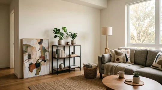 Interior acogedor de apartamento de alquiler personalizado con decoracion removible y sin danos en paredes