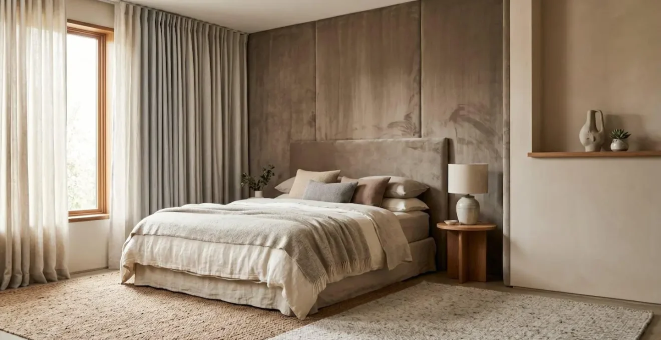 Dormitorio moderno con textiles acústicos estratégicamente colocados para reducir el ruido