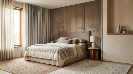 Dormitorio moderno con textiles acústicos estratégicamente colocados para reducir el ruido