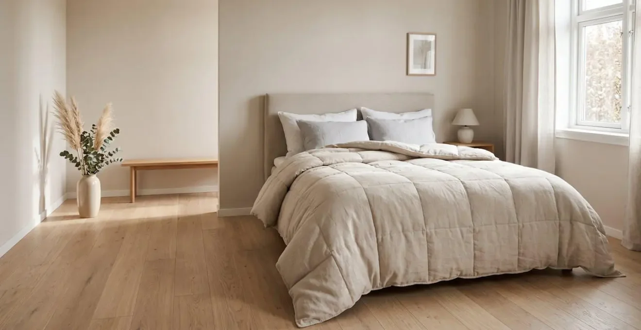 Edredón nórdico de gramaje medio sobre cama con luz natural suave en dormitorio contemporáneo