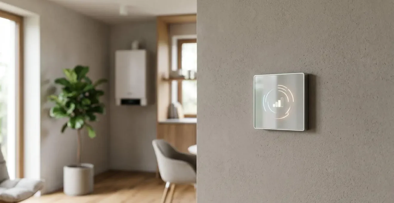 Termostato inteligente WiFi moderno instalado en pared interior con caldera de condensación visible al fondo