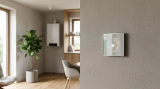 Termostato inteligente WiFi moderno instalado en pared interior con caldera de condensación visible al fondo
