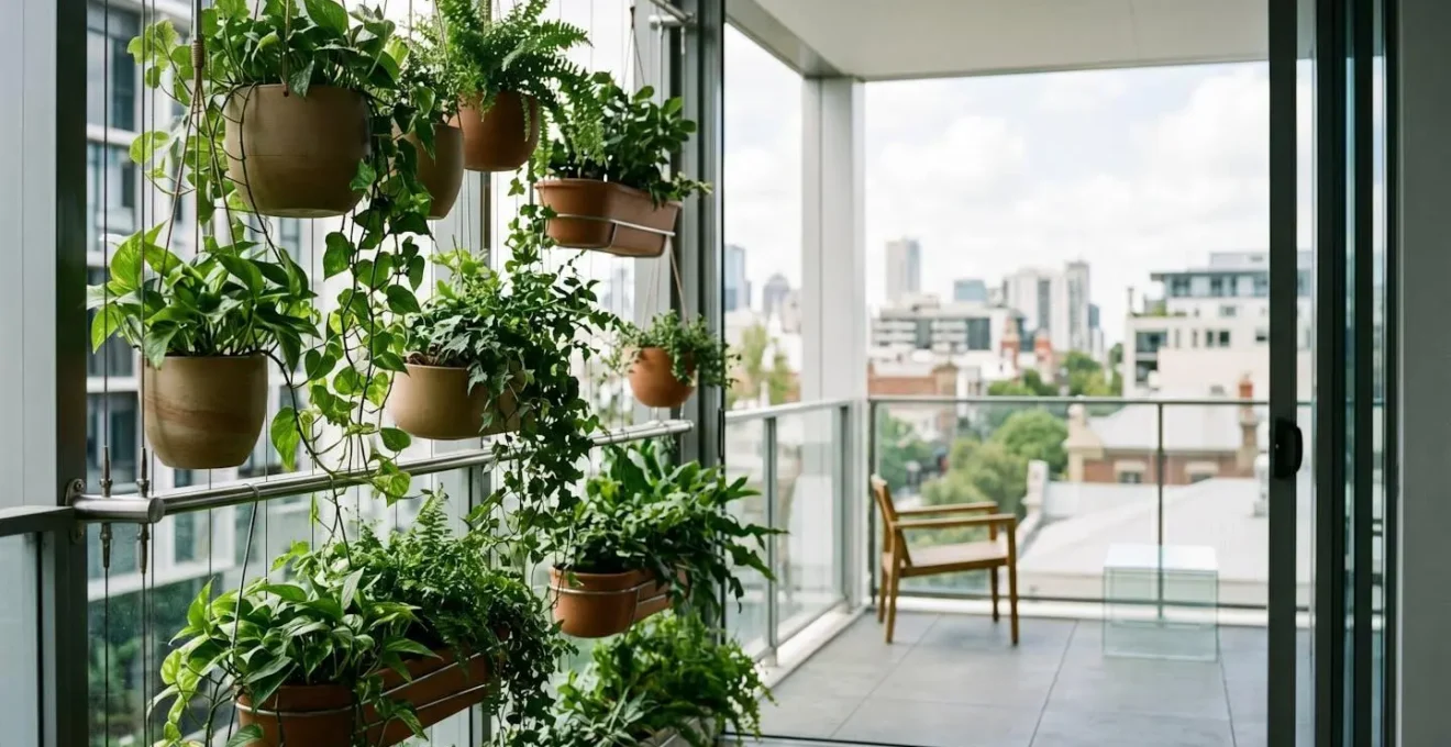 Jardín vertical con macetas colgantes instaladas sin taladrar en balcón urbano de altura