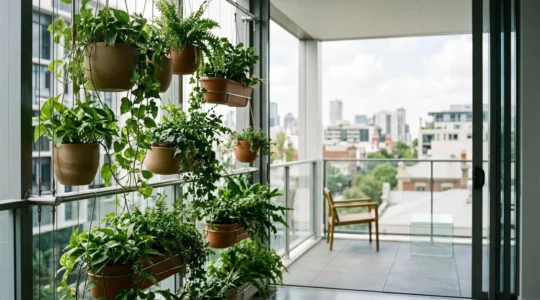 Jardín vertical con macetas colgantes instaladas sin taladrar en balcón urbano de altura
