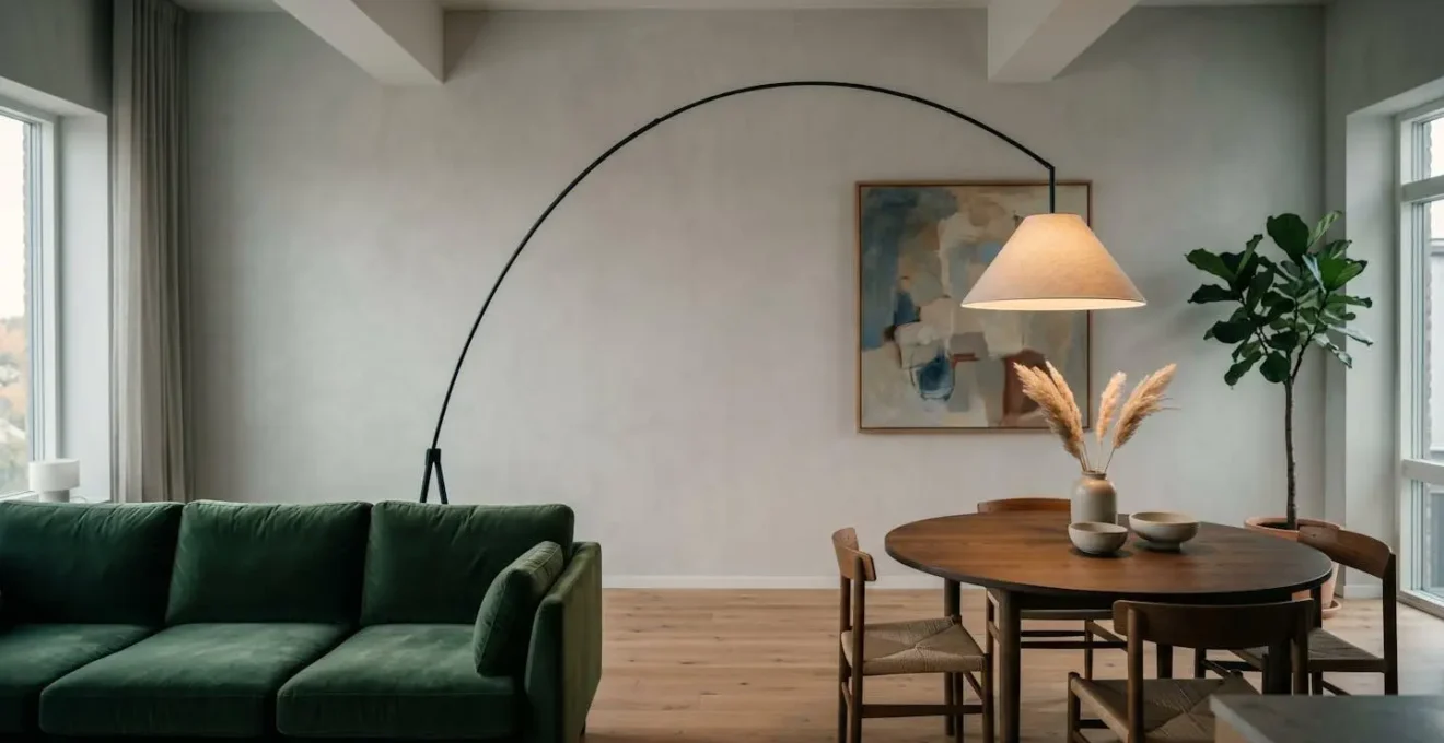 Lámpara de pie con arco iluminando mesa de comedor en salón moderno sin instalación eléctrica en techo