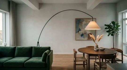 Lámpara de pie con arco iluminando mesa de comedor en salón moderno sin instalación eléctrica en techo