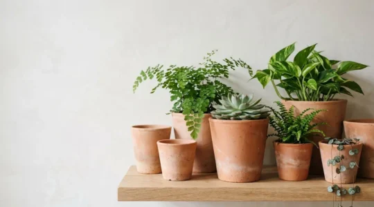 Composición de macetas de barro artesanales con plantas verdes y textura porosa natural