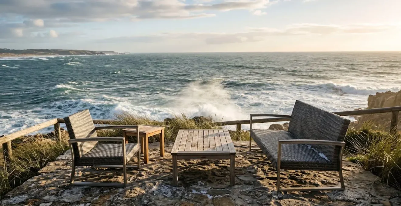 Muebles de exterior en primera línea de playa resistiendo condiciones climáticas extremas
