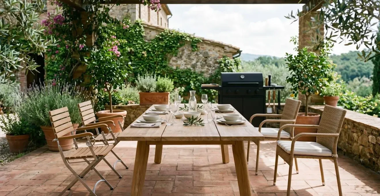 Mesa de comedor extensible en terraza exterior preparada para barbacoa con sillas y espacio de circulación optimizado