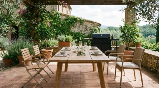 Mesa de comedor extensible en terraza exterior preparada para barbacoa con sillas y espacio de circulación optimizado