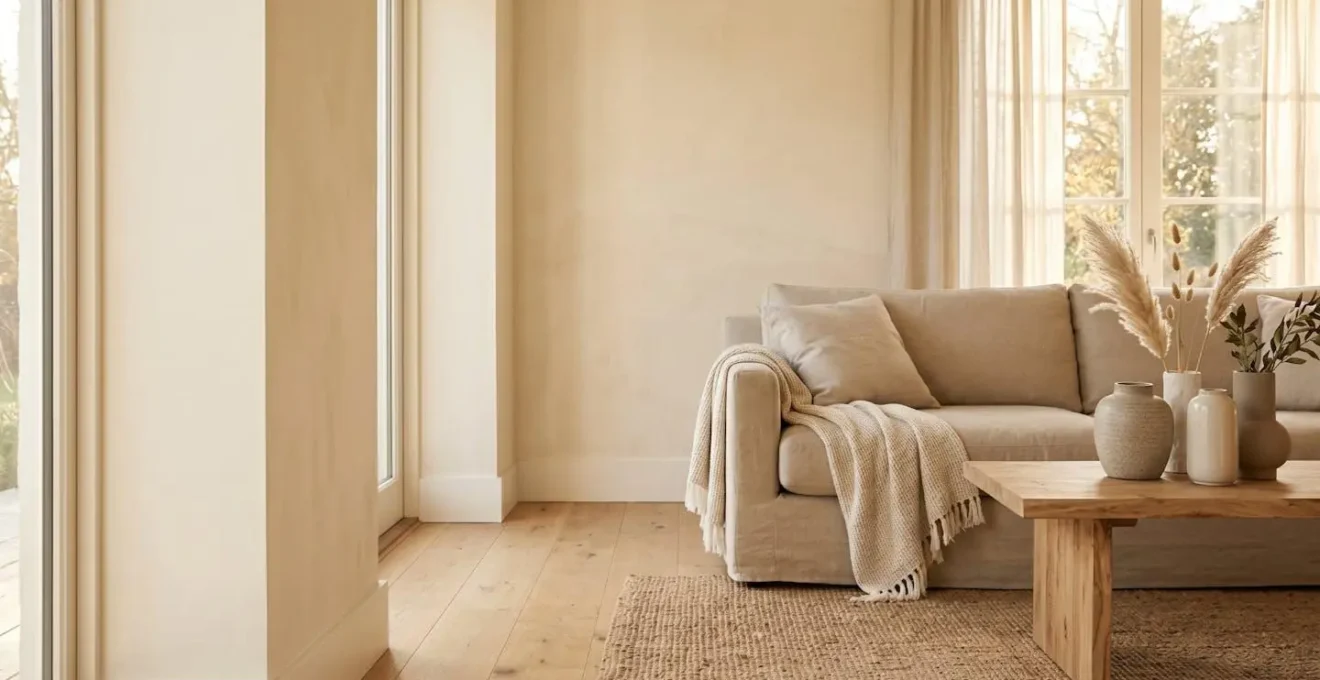 Salón minimalista con tonos beige y blanco roto, texturas naturales y luz cálida que crea ambiente acogedor