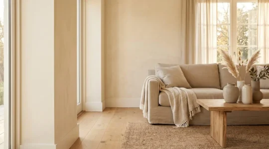 Salón minimalista con tonos beige y blanco roto, texturas naturales y luz cálida que crea ambiente acogedor