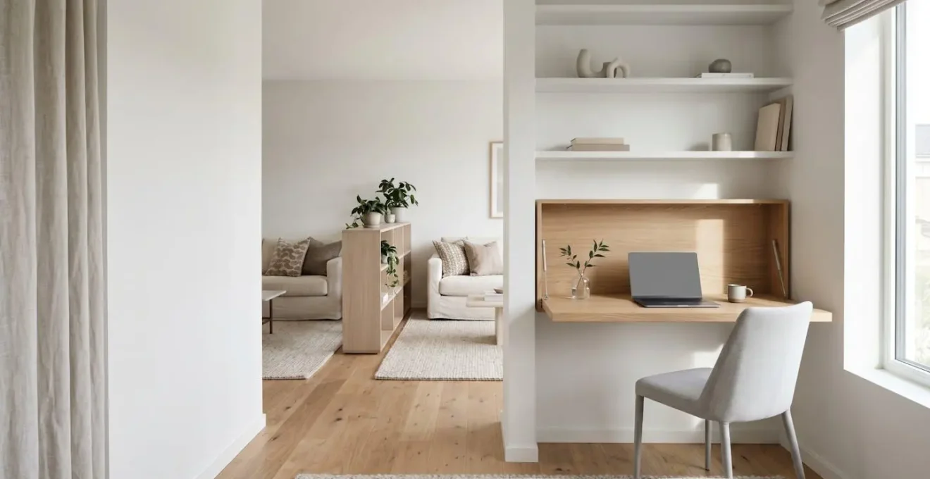 Espacio de trabajo integrado elegantemente en un salón moderno sin comprometer la estética