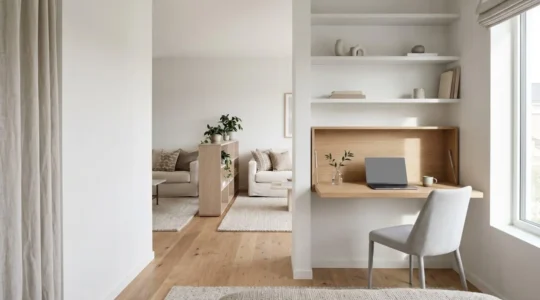 Espacio de trabajo integrado elegantemente en un salón moderno sin comprometer la estética