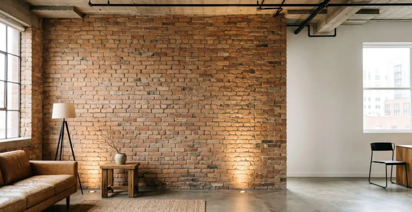 Pared de plaqueta decorativa de ladrillo en interior estilo loft con iluminación rasante resaltando textura