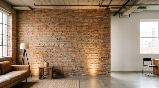 Pared de plaqueta decorativa de ladrillo en interior estilo loft con iluminación rasante resaltando textura