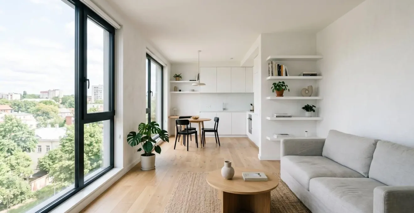 Interior moderno de piso pequeño que parece visualmente más amplio gracias a la luz natural y diseño inteligente