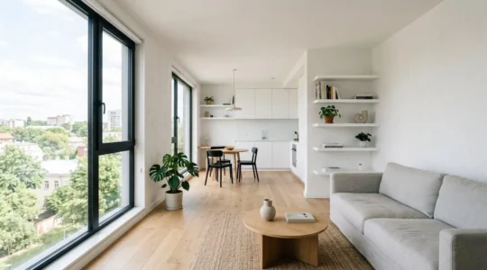 Interior moderno de piso pequeño que parece visualmente más amplio gracias a la luz natural y diseño inteligente