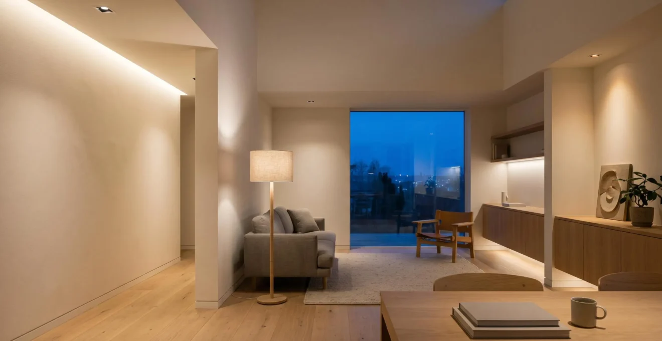 Espacio hogareño con capas de iluminación LED distribuidas estratégicamente para reducir la fatiga visual