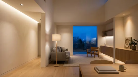 Espacio hogareño con capas de iluminación LED distribuidas estratégicamente para reducir la fatiga visual