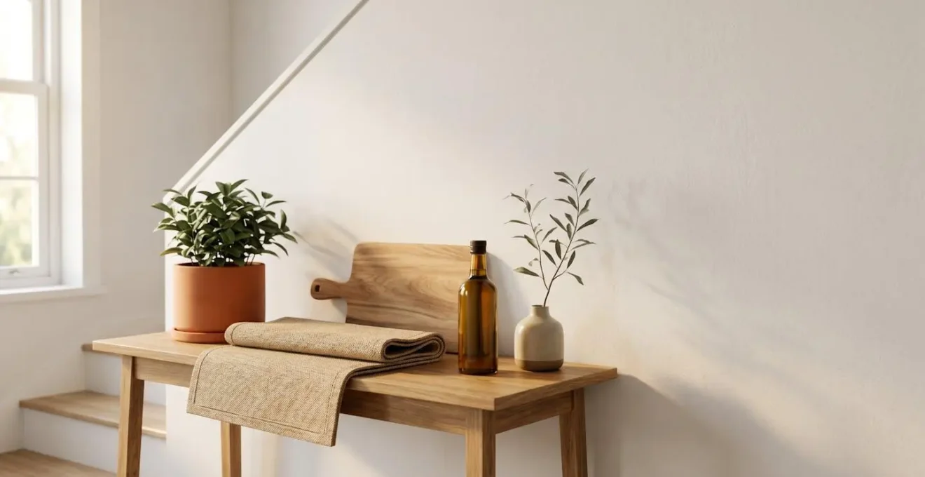 Mesa de entrada decorada con regalos para inauguración de casa nueva, incluyendo plantas, felpudos y accesorios de cocina en ambiente luminoso