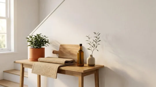 Mesa de entrada decorada con regalos para inauguración de casa nueva, incluyendo plantas, felpudos y accesorios de cocina en ambiente luminoso