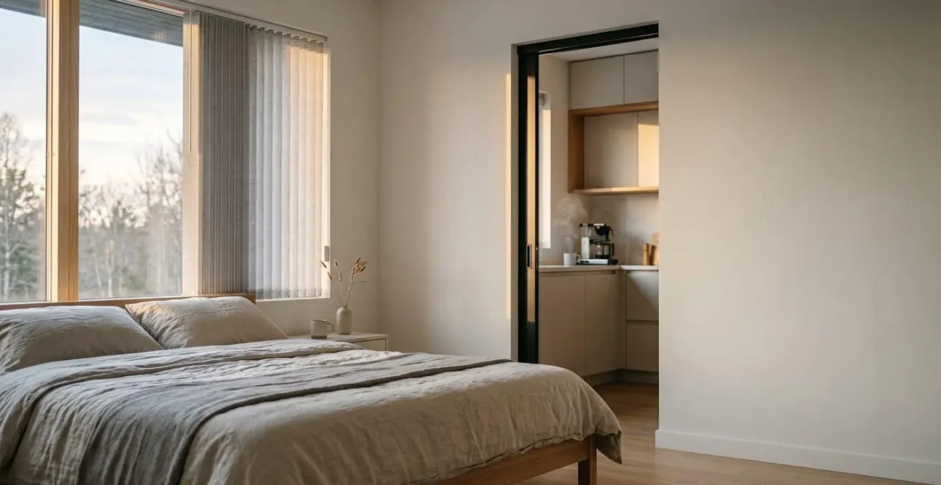 Escena matutina donde la luz del amanecer entra por una ventana con persiana automatizada abriéndose, cafetera humeante lista en la cocina moderna