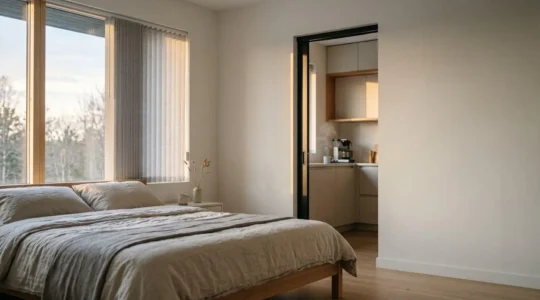 Escena matutina donde la luz del amanecer entra por una ventana con persiana automatizada abriéndose, cafetera humeante lista en la cocina moderna