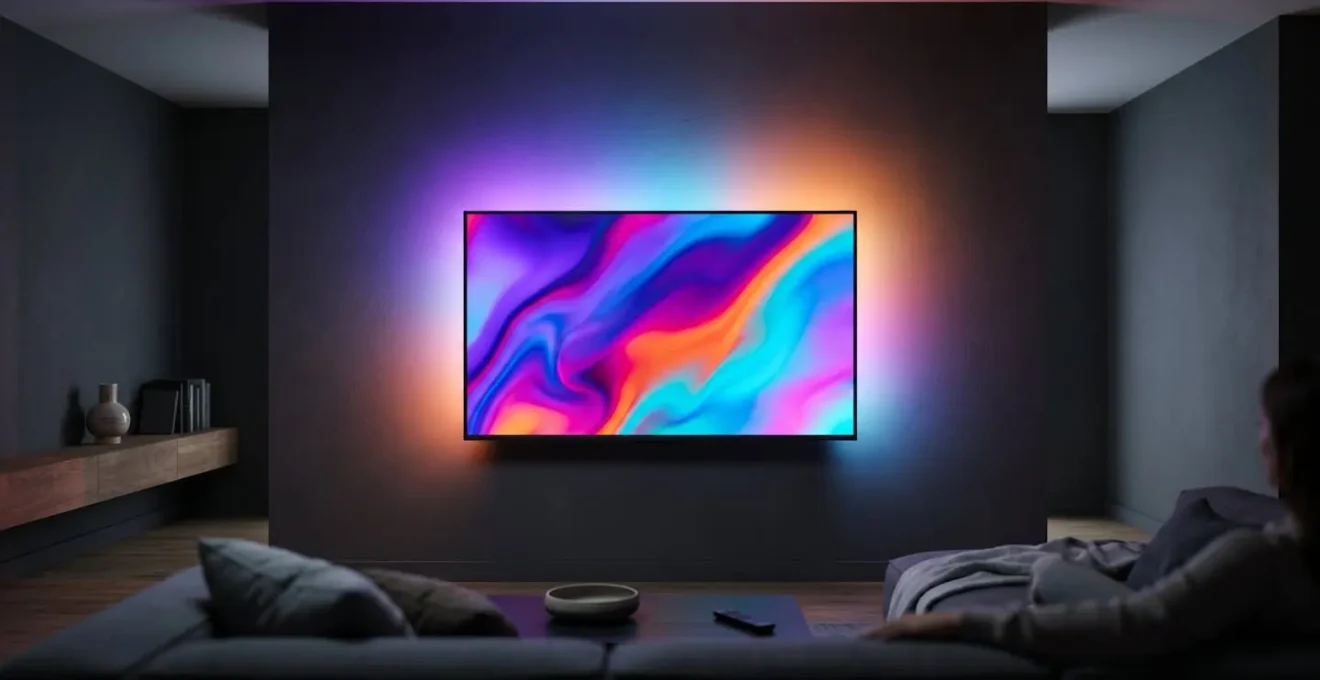 Sala de estar moderna con iluminación LED sincronizada detrás del televisor creando ambiente cinematográfico inmersivo