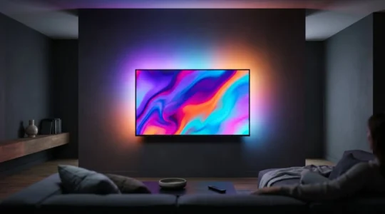 Sala de estar moderna con iluminación LED sincronizada detrás del televisor creando ambiente cinematográfico inmersivo