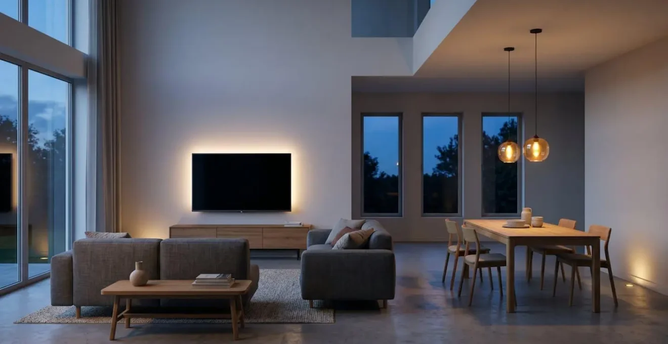 Salón-comedor moderno con iluminación LED cálida estratificada y televisor sin reflejos