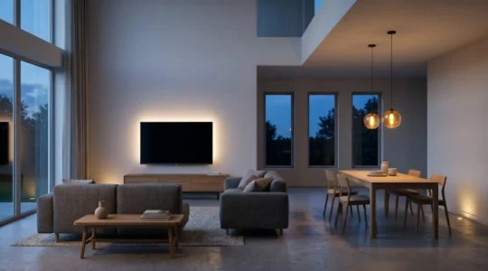 Salón-comedor moderno con iluminación LED cálida estratificada y televisor sin reflejos